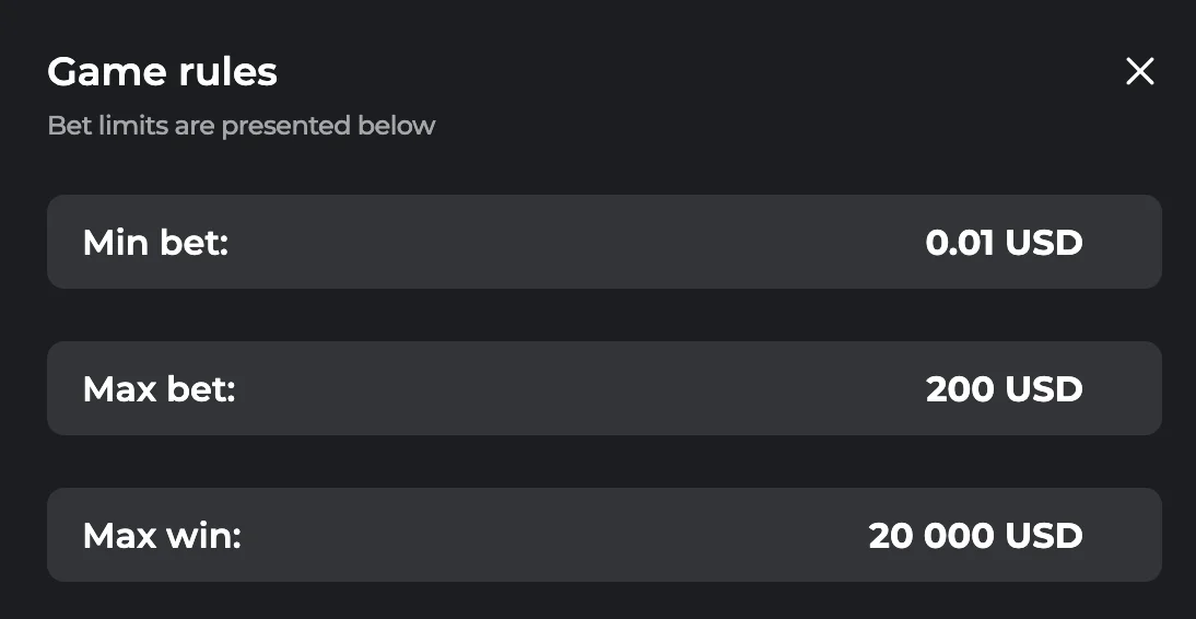 Chicken Road Vegas game rules popup showing all bet limits and game specifications